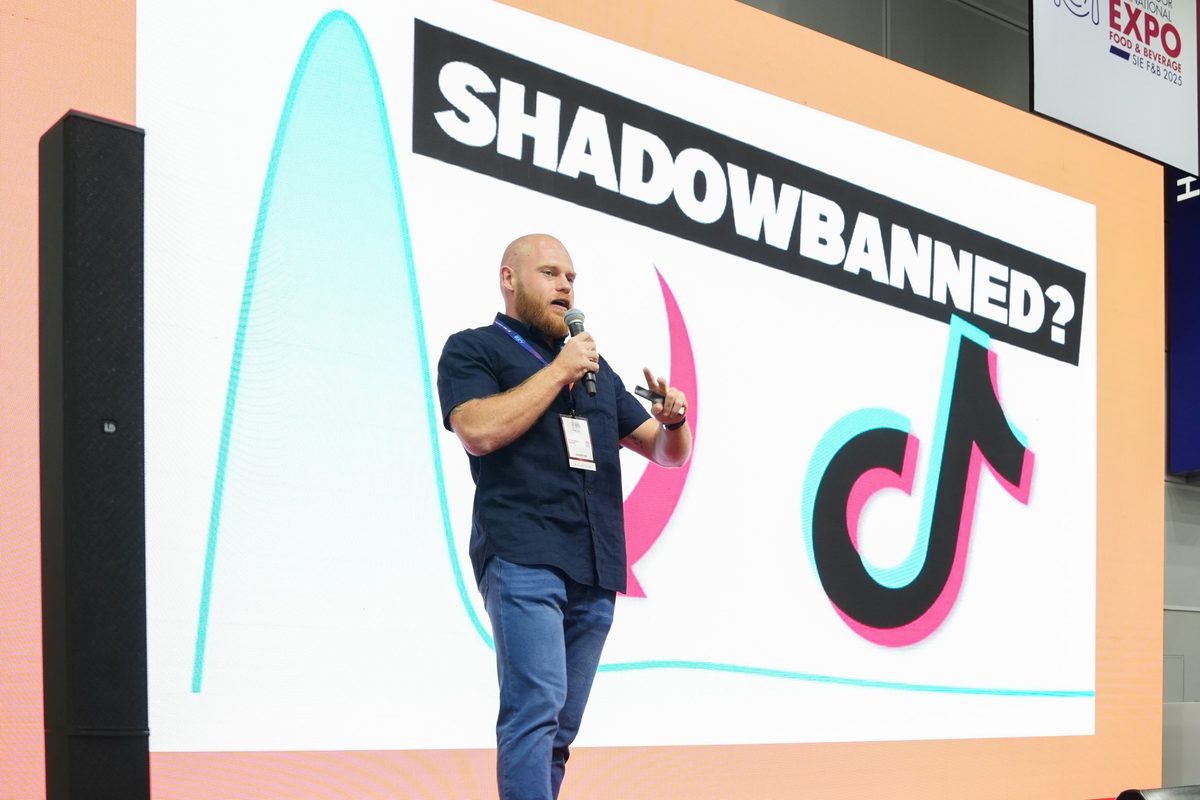 Rhys Woodfield speaking on TikTok shadowbanning at the Food & Beverage International Expo 2025